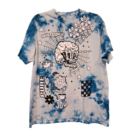 A-LAB Blue Tie Dye T-Shirt Lava Lamp Dancing Flower Yin Yang Skull Brain Sz L - Picture 1 of 7